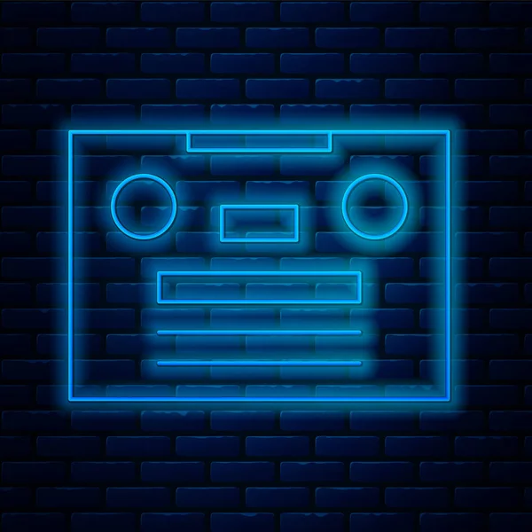 Parlayan Neon Hattı Retro Ses Kaset Ikonu Tuğla Duvar Arka — Stok Vektör