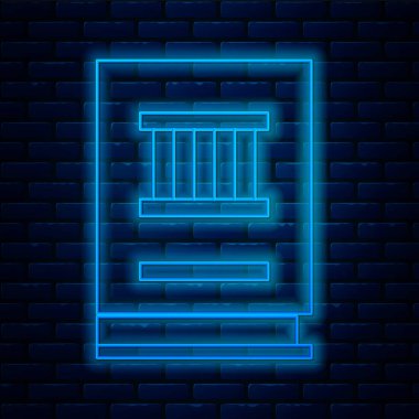 Parlayan neon hattı hukuk kitabı simgesi tuğla duvar arkasında izole edilmiş. Yasal yargıç kitabı. Yargılama kavramı. Vektör İllüstrasyonu.