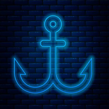 Parlayan neon hattı Anchor simgesi tuğla duvar arka planında izole edildi. Vektör İllüstrasyonu.