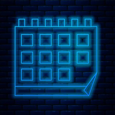 Parlayan neon çizgisi takvim simgesi tuğla duvar arka planında izole edildi. Olay hatırlatma sembolü. Vektör İllüstrasyonu.