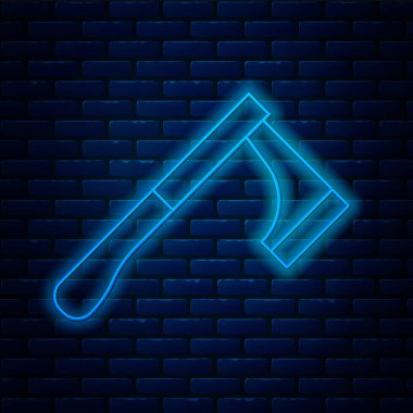 Parlayan neon hattı tahta balta ikonu tuğla duvar arka planında izole edilmiş. Oduncu baltası. Vektör İllüstrasyonu.