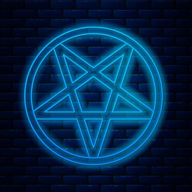 Duvarın arka planında izole edilmiş bir daire simgesinde parlayan neon çizgisi pentagram. Sihirli okült yıldız sembolü. Vektör İllüstrasyonu.