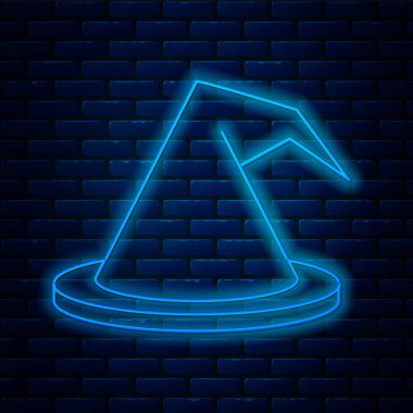 Parlayan neon hattı cadı şapkası simgesi tuğla duvar arkasında izole edilmiş. Mutlu Cadılar Bayramı Partisi. Vektör İllüstrasyonu.