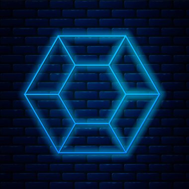 Parlayan neon hattı sihirli taş ikonu tuğla duvar arka planında izole edildi. Fantezi kristali. Maç için mücevher. Vektör İllüstrasyonu.