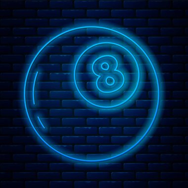 Parlayan neon hattı, karar alma ikonu için öngörülerin sihirli topu tuğla duvar arkasında izole edildi. Kristal küre. Vektör İllüstrasyonu.