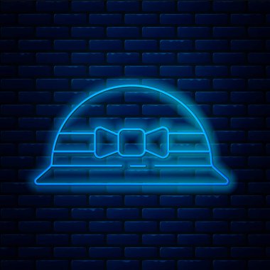 Parlayan neon hattı, duvarın arkasında izole edilmiş zarif kadın şapkası ikonu. 8 Mart. Uluslararası Mutlu Kadınlar Günü. Vektör İllüstrasyonu.