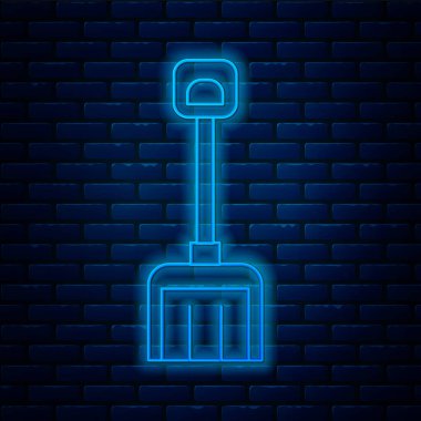 Işıldayan neon çizgili kar küreği simgesi tuğla duvar arkasında izole edildi. Vektör İllüstrasyonu.