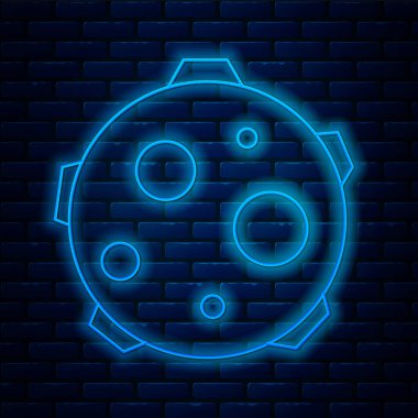 Parlayan neon hattı UFO, duvardaki izole edilmiş inek simgesini kaçırır. Uçan daire. Uzaylı uzay gemisi. Gelecekteki bilinmeyen uçan nesne. Vektör İllüstrasyonu.