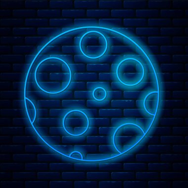 Parlayan neon hattı Ay simgesi tuğla duvar arka planında izole edildi. Vektör İllüstrasyonu.