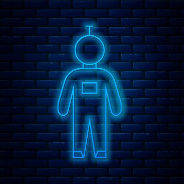 Parlayan neon hattı astronot simgesi tuğla duvar arka planında izole edildi. Vektör İllüstrasyonu.