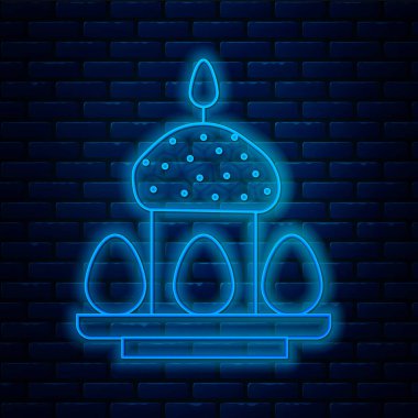 Parlayan neon hattı Paskalya pastası ve yumurta ikonu tuğla duvar arkasında izole edilmiş. Mutlu Paskalyalar. Vektör İllüstrasyonu.