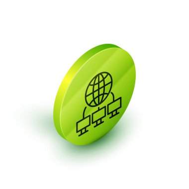 Isometric line Bilgisayar ağı simgesi beyaz arkaplanda izole edildi. Laptop ağı. İnternet bağlantısı. Yeşil daire düğmesi. Vektör İllüstrasyonu.