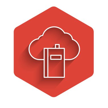 Beyaz çizgi Bulut veya çevrimiçi kütüphane simgesi uzun gölgeli izole edilmiş. İnternet eğitimi ya da uzak mesafe eğitimi. Kırmızı altıgen düğmesi. Vektör İllüstrasyonu.