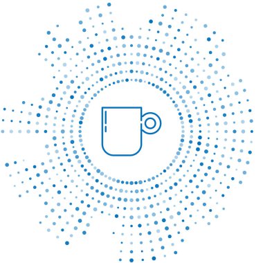 Mavi çizgi kahve fincanı simgesi beyaz arkaplanda izole edilmiş. Çay fincanı. Sıcak içecek kahvesi. Soyut çember rastgele noktalar. Vektör.