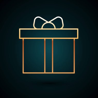 Altın çizgili hediye kutusu simgesi koyu mavi arkaplanda izole edilmiş. Doğum günün kutlu olsun. Vektör.