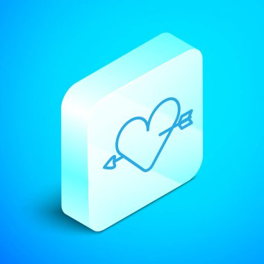 Isometric Line Amour sembolü mavi arka planda izole edilmiş kalp ve ok simgesi. Aşk işareti. Sevgililer Günü sembolü. Gümüş kare düğme. Vektör.