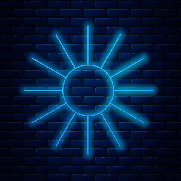 Светящаяся Неоновая Линия Иконка Солнца Изолирована Фоне Кирпичной Стены Летний — стоковый вектор