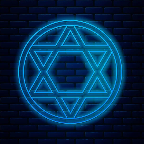 輝くネオンラインレンガの壁の背景に孤立デビッドアイコンの星 ユダヤ教のシンボル イスラエルの象徴 ベクターイラスト — ストックベクタ