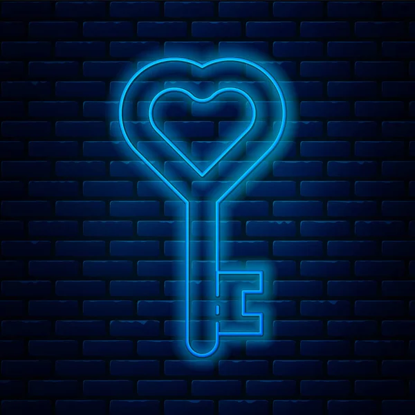 Glowing Neon Line Key Heart Shape Icon Isolated Brick Wall — Stock Vector