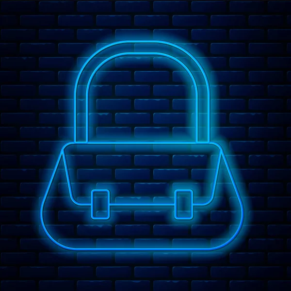 Glowing Neon Line Handbag Icon Isolated Brick Wall Background Female — Stock Vector