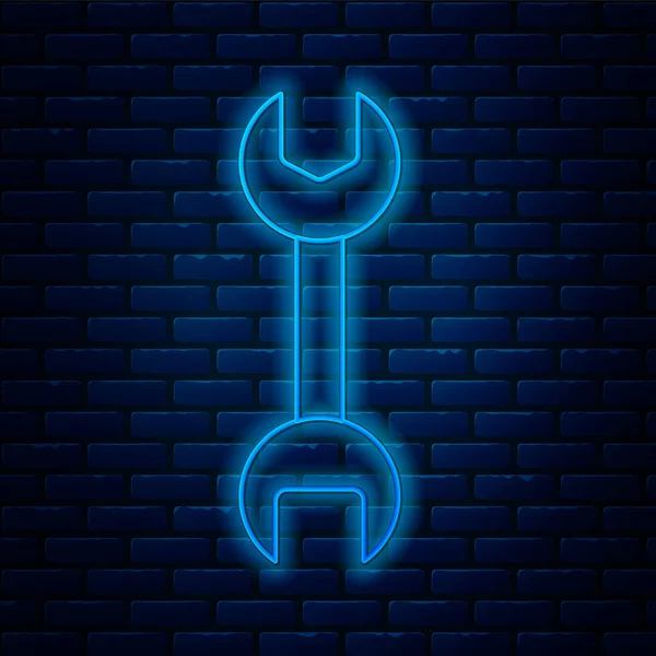 Leuchtende Neon Linie Schraubenschlüssel Symbol Isoliert Auf Backsteinwand Hintergrund Vektorillustration — Stockvektor