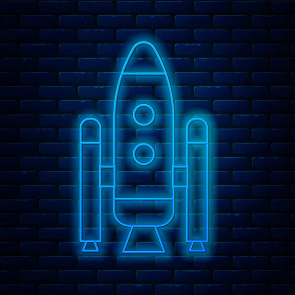 Glowing Neon Line Space Shuttle Rockets Icon Isolated Brick Wall — Stock Vector