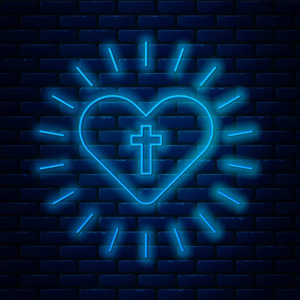 Leuchtendes Neonfarbenes Christliches Kreuz Und Herz Ikone Isoliert Auf Backsteinmauer — Stockvektor