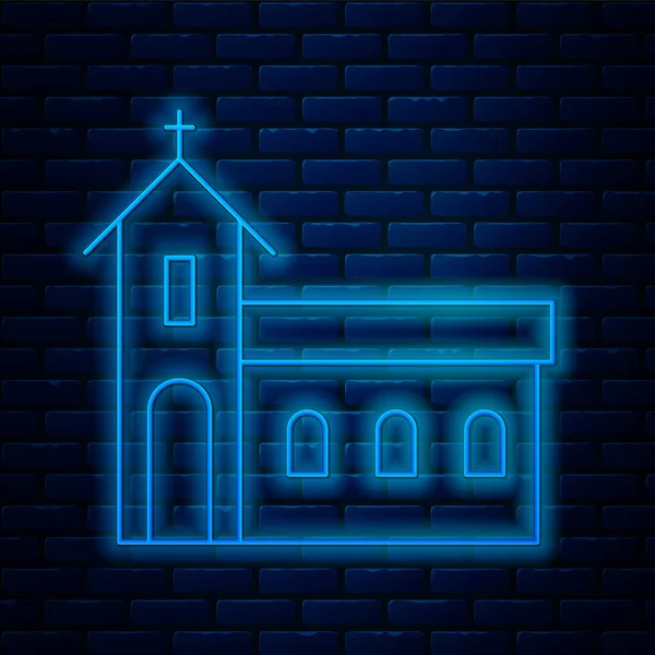 Icono Edificio Iglesia Línea Neón Brillante Aislado Fondo Pared Ladrillo — Vector de stock