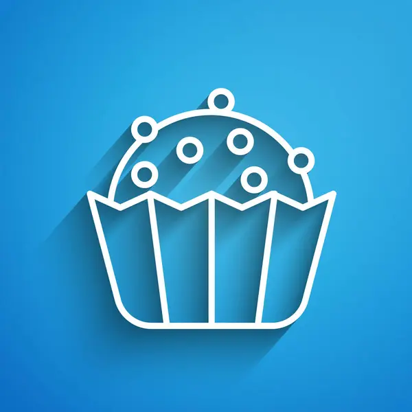 Weiße Linie Cupcake Symbol Isoliert Auf Blauem Hintergrund Langer Schatten — Stockvektor