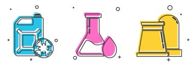 Antifriz tüpü, petrol test tüpü, petrol ve gaz endüstriyel yapı ikonu ayarlayın. Vektör.