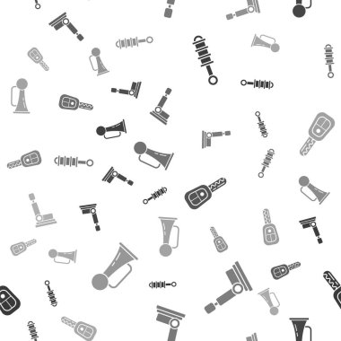 Şok emiciyi, oto koltuğunu uzaktan kumandalı araba anahtarını ve işaret kornasını kusursuz şekilde araca ayarla. Vektör.