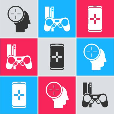 Set Head av konsepti, oyun konsolu joystick ve Smartphone ve oyun ikonu ile oynamak. Vektör.