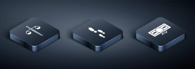 Isometric adalet terazisini ayarla, kağıt para ve ayak sesleri simgesini istifle. Vektör.