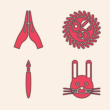 Paskalya tavşanı, dua pozisyonunda eller hasır bir yuvada paskalya yumurtası ve boya fırçası ikonu. Vektör.