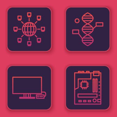 Hat sosyal ağı, Akıllı TV, DNA sembolü ve anakart. Mavi kare düğme. Vektör.