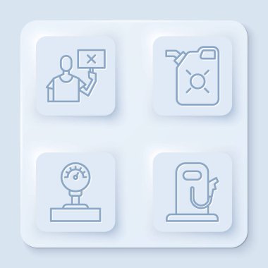 Doğa koruma protestosu, motor yağı kutusu, ölçü ve benzin istasyonu ya da benzin deposu ayarlayın. Beyaz kare düğme. Vektör.