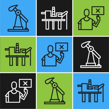 Yağ pompası ya da pompa ayarlayın, doğa koruma protestosu ve deniz ikonunda petrol platformu. Vektör.