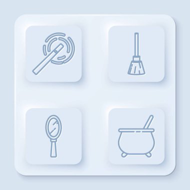 Sihirli değnek, cadı süpürgesi, sihirli el aynası ve cadı kazanı. Beyaz kare düğme. Vektör.