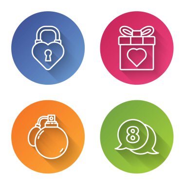 Kale hattını kalp şeklinde ayarla, hediye kutusu ve kalp, parfüm ve konuşma balonunda 8 Mart. Renkli daire düğmesi. Vektör.