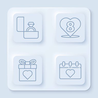 Diamond nişan yüzüğü, Heart with 8 March, Gift box and heart and Calendar with 8 March. Beyaz kare düğme. Vektör.