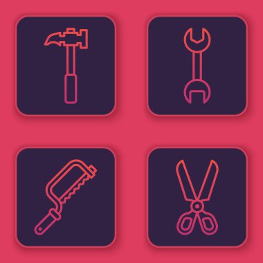 Pençe çekici, testere, İngiliz anahtarı ve makas ayarlayın. Mavi kare düğme. Vektör.