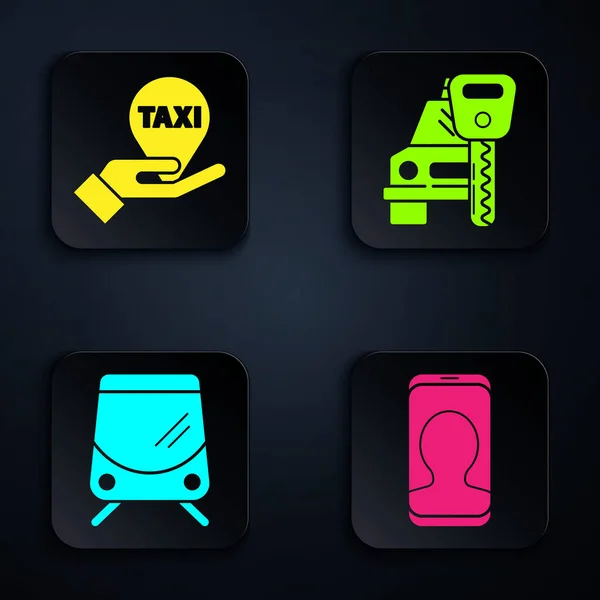 Ställ Taxi Samtal Telefontjänst Hand Karta Pekare Med Taxi Spårvagn — Stock vektor