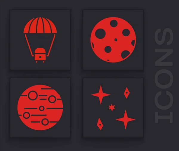Set Étoiles Tombantes Capsule Spatiale Parachute Lune Planète Mars Icône — Image vectorielle