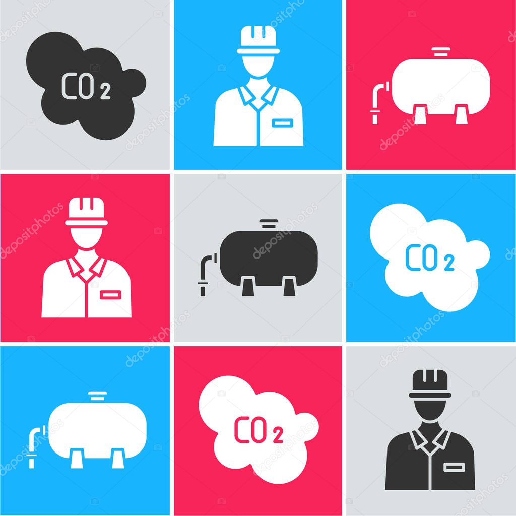 Set CO2 emissions in cloud, Oilman and Oil industrial factory building icon. Vector.