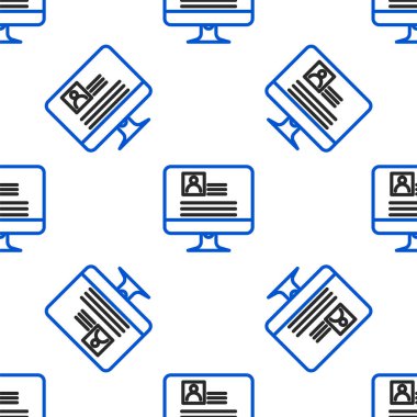 Beyaz arkaplanda izole edilmiş simgeye sahip çizgi bilgisayar monitörü. Özgeçmiş başvurusu. Profesyonel personel aranıyor. Personel analizi devam ediyor. Renkli taslak konsepti. Vektör.