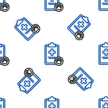 Tıbbi kayıt simgesine sahip çizgi panosu beyaz arka planda kusursuz desen izole etti. Sağlık sigortası formu. Tıbbi kontrol işaretleri raporu. Renkli taslak konsepti. Vektör.