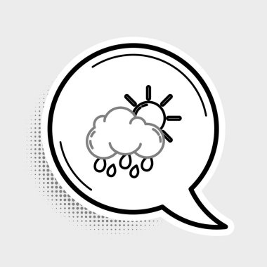 Yağmur ve güneş ikonuna sahip çizgi bulutu gri arka planda izole edildi. Yağmur damlaları ile yağmur bulutu yağışı. Renkli taslak konsepti. Vektör.