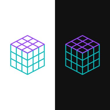 Çizgi Rubik küp simgesi beyaz ve siyah arkaplanda izole edildi. Mekanik yapboz oyuncağı. Rubik 'in 3 boyutlu küp kombinasyon bulmacası. Renkli taslak konsepti. Vektör.