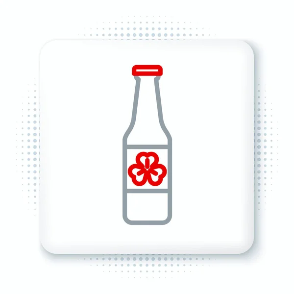 Line Bier Fles Met Vier Blad Klaver Pictogram Geïsoleerd Witte — Stockvector