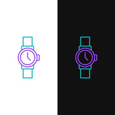 Çizgi bilek izleme simgesi beyaz ve siyah arkaplanda izole edildi. Kol saati simgesi. Renkli taslak konsepti. Vektör.